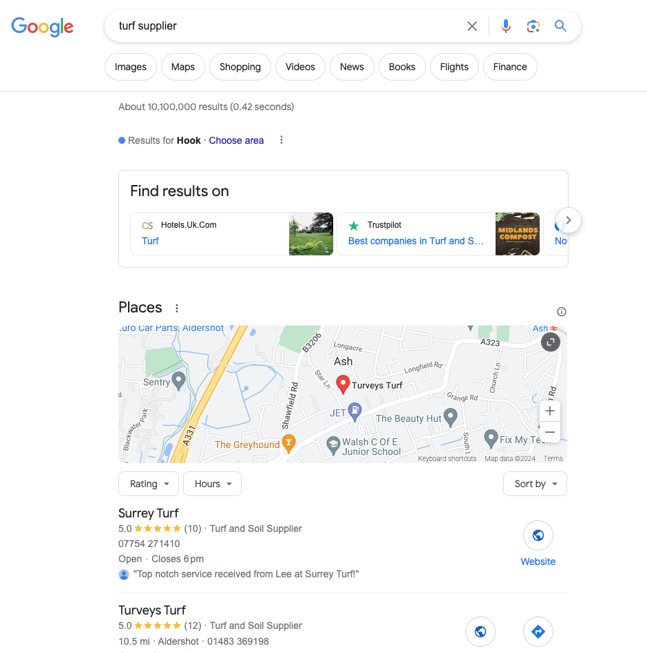 SEO client example showing them top for their service on Google