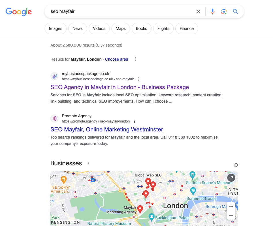 SEO Mayfair showing us top of google for the word SEO in mayfair